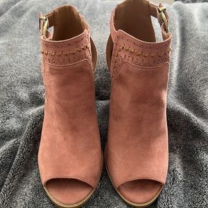 Dusty Rose colored open toe booties.